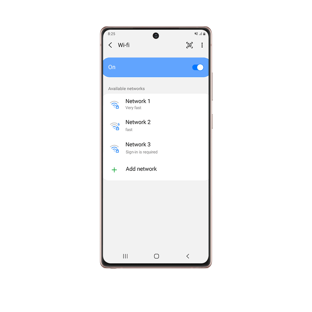 A GIF showing how to request Wi-Fi access information from near-field devices with people in your Contacts in the Galaxy Note20 series.