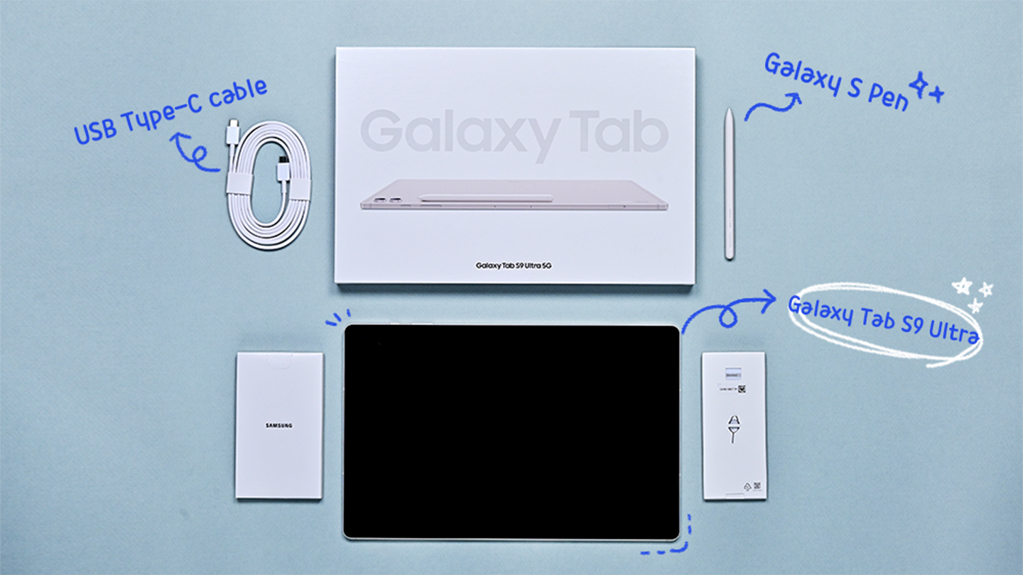 Image of unboxing the Galaxy Tab S9 Ultra showing high performance in a sleek design