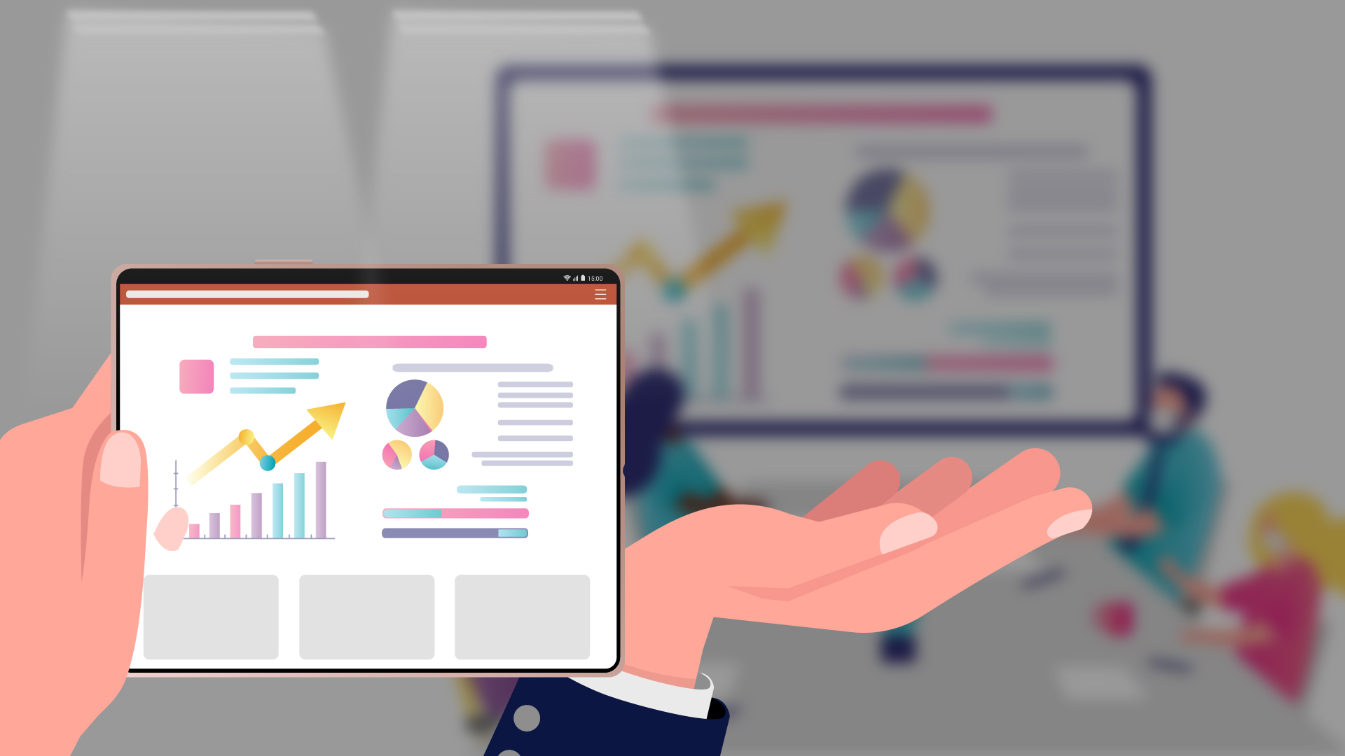 An illustration showing a person giving a presentation using their Galaxy Z Fold2 showing a a chart in front of a group in a meeting room